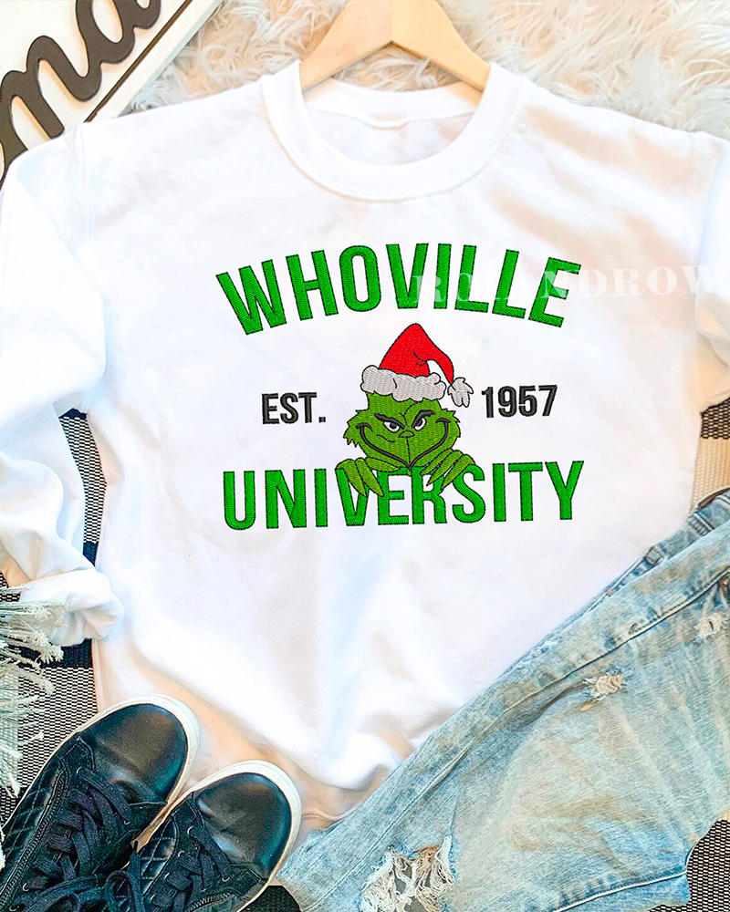 Whoville University Grinch Embroidered Hoodie, Sweatshirt